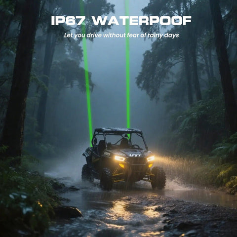 Whipless Led Whip Lights Kit With Rocker Switch Dual Control used on UTV in rainy forest showcasing IP67 waterproof feature
