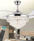 Crystal Ceiling Fan With Light 42 Inch Fandelier Retractable Blades Remote Control Six Speeds Stepless Dimmable Glam Chandelier Fan displayed in a bedroom.