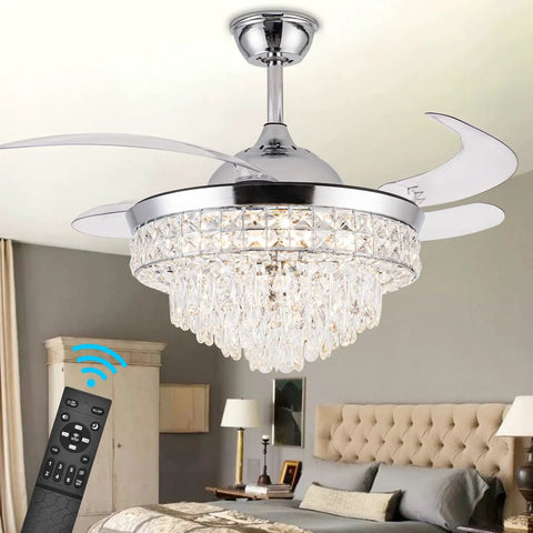 Crystal Ceiling Fan With Light 42 Inch Fandelier Retractable Blades Remote Control Six Speeds Stepless Dimmable Glam Chandelier Fan displayed in a bedroom.