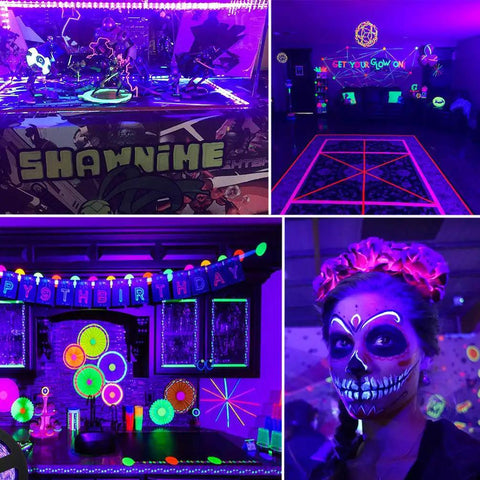 Scenes of vibrant UV glow at a party using 20Ft LED Black Light Strip Kit With 360 LEDs 12V Flexible Ultraviolet Light