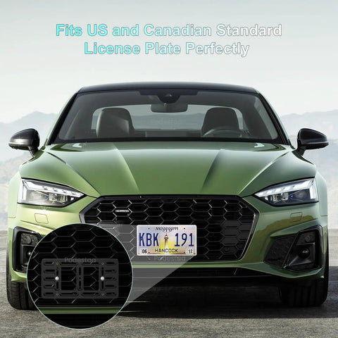 Audi Front License Plate Bracket Mounting Kit For 2000 Through 2025 A3 S3 A4 S4 A5 S5 shown on a green car front view