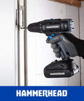 Person using 20V Cordless Drill Driver Kit With 1.5Ah Battery And Charger, 2 Speed Settings, Keyless 3/8 Inch Chuck on door hinge