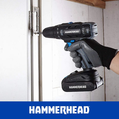 Person using 20V Cordless Drill Driver Kit With 1.5Ah Battery And Charger, 2 Speed Settings, Keyless 3/8 Inch Chuck on door hinge