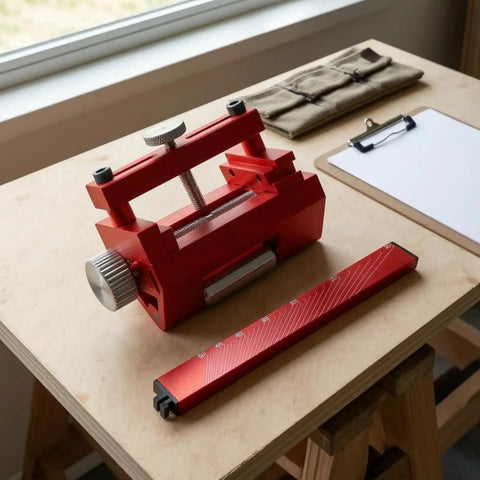 Shop Ready Fixed Angle Sharpening Jig With Built Tough Rigid Metal Frame And Knurled Tightening Knob For Precision Edge Honing On Professional Woodworking Hand Tools on a wooden workbench.