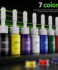 Seven ink bottles in a tattoo gun kit wireless machine with dual 1800mAh batteries, 10 cartridge needles, ink set, full supplies.