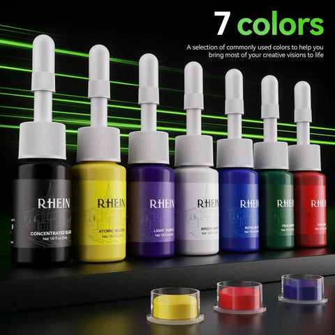 Seven ink bottles in a tattoo gun kit wireless machine with dual 1800mAh batteries, 10 cartridge needles, ink set, full supplies.