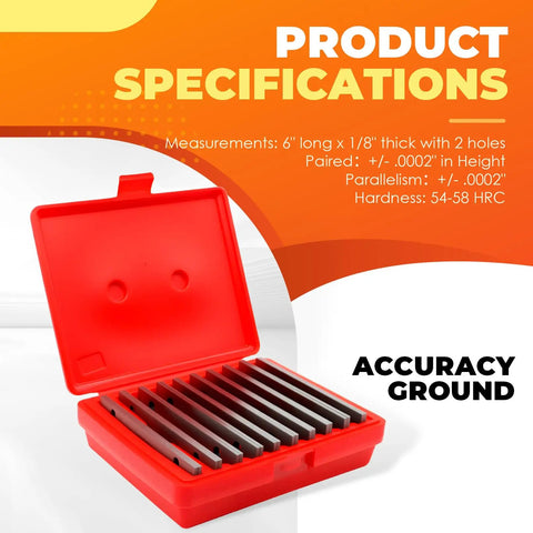 Ten Pairs One Eighth Inch By Six Inch Precision Parallel Steel Sets For Machinists Pro Grade Quality With Ultra Tight Plus Or Minus Two Ten Thousandths Inch Accuracy From Half Inch To One And Five Eighths Inch in red case