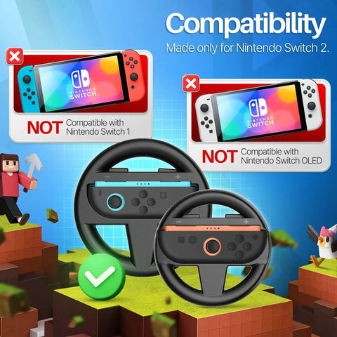 Switch 2 Steering Wheel Racing Accessory Kit For Mario Kart And Racing Games Dual Grip Handle Attachments For Joy Con Controllers Black Set Of Two Ergonomic Grip And Durable Construction For Comfortable Long Sessions compatibility image with non-compatible Nintendo Switch models