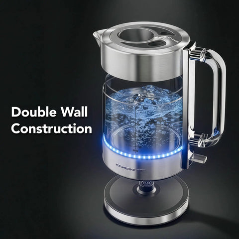 Lightning Fast 1.7L Glass Electric Kettle With Stainless Steel Base Cordless 1500W Boiler Double Wall Borosilicate Easy Fill Lid Auto Shut Off Acrylic Handle Silver with blue LED