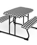 Outdoor Picnic Table Cover Set With Bench Covers 3 Piece Waterproof Vinyl Fitted Tablecloth Black And White Checkered Design displayed on tables.