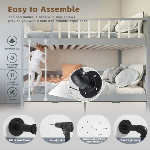 Rock Solid Indoor Bunk Bed Ladder Wall Mounted with metal grip; child climbing to upper bed on stable, rustproof iron ladder.