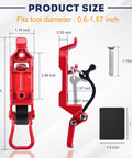Diagram of Heavy Duty Roof Rack Shovel Mount Kit with red metal rubber clamps and dimensions for axes, shovels, and tools.