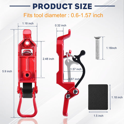 Diagram of Heavy Duty Roof Rack Shovel Mount Kit with red metal rubber clamps and dimensions for axes, shovels, and tools.