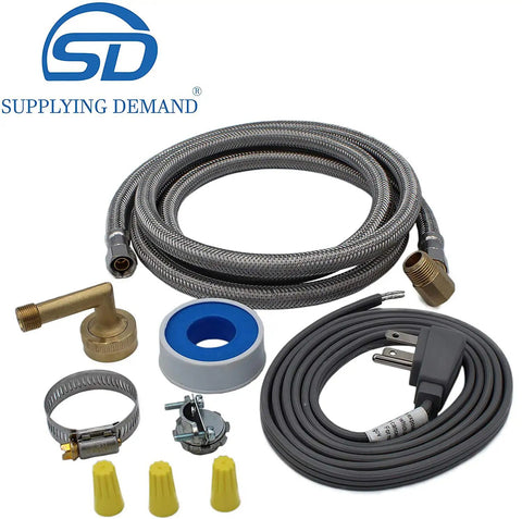 Universal Dishwasher Install Kit With 6 Foot Stainless Steel Hose And 6 Foot Power Cable Copper Elbow Wire Connectors Teflon Tape