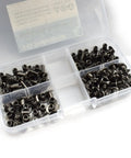75 Piece Assorted M5 Chicago Screw Set Featuring Slotted Phillips Heads In Slick Matte Black Nickel Plated Steel organized in a clear storage box.