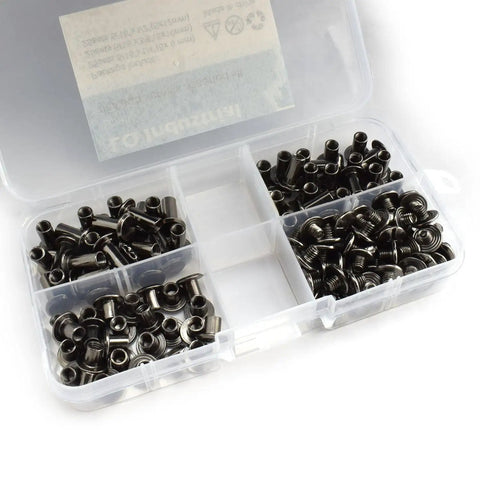 75 Piece Assorted M5 Chicago Screw Set Featuring Slotted Phillips Heads In Slick Matte Black Nickel Plated Steel organized in a clear storage box.