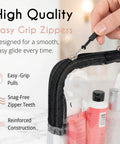 Person demonstrating easy grip zipper on airport-ready TSA approved toiletry bag for carry-on travel, clear quart size.
