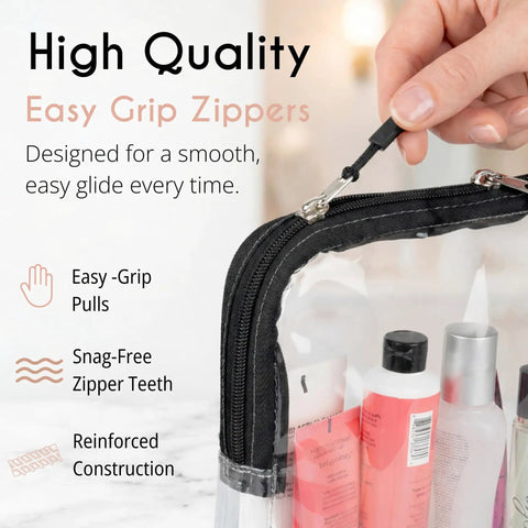 Person demonstrating easy grip zipper on airport-ready TSA approved toiletry bag for carry-on travel, clear quart size.