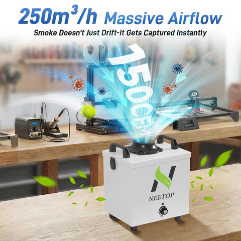 Heavy Duty Solder Fume Extractor With 100W Brushless Motor And 250 Cubic Meter Suction showcasing airflow and workplace efficiency.