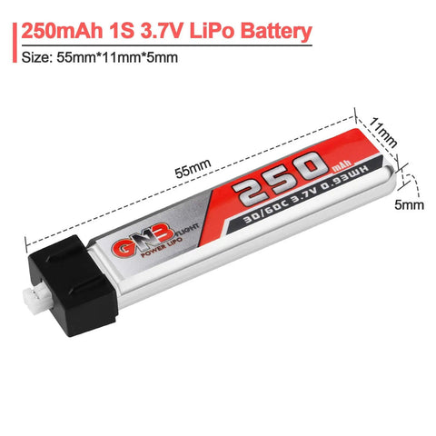 Four Pack 1S 3.7V 250mAh 30C LiPo Battery with Micro JST 1.25 Connector shown with dimensions for Tiny Whoop FPV Drones