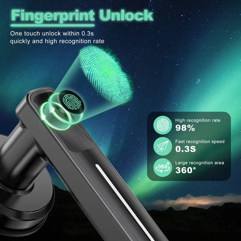 Fingerprint Door Lock With Handle Smart Biometric Keyless Entry No Key Needed One Tap Unlock In Zero Point Two Seconds Plus Backup Keys For Home Office Apartment Airbnb And Hotel Use showing fingerprint unlock and recognition rate details