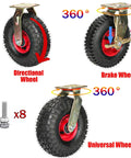 Pair Of Heavy Duty Inflatable Casters With Grippy Rubber Tires And Rolls Like A Dream Double Ball Bearings, Industrial Swivel Trolley Wheels for utility carts, showcasing directional, brake, and universal wheels.