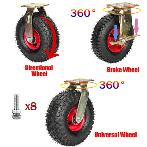Pair Of Heavy Duty Inflatable Casters With Grippy Rubber Tires And Rolls Like A Dream Double Ball Bearings, Industrial Swivel Trolley Wheels for utility carts, showcasing directional, brake, and universal wheels.