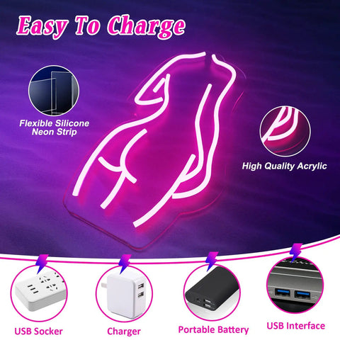 Image of Pink Lady Back Neon Sign LED Wall Decor USB Powered for Bedroom Bar Living Room Party Vibe Brightness Adjustable Neon Light Art showcasing flexible silicone neon strip and high-quality acrylic.