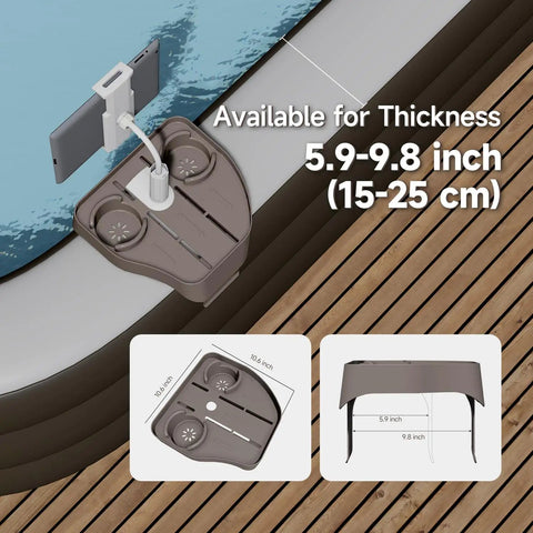 Hot Tub Table Tray With Adjustable Phone Holder And Dual Drink Caddies For Outdoor Pools And Spas, Easy Tool Free Setup shown installed on tub.