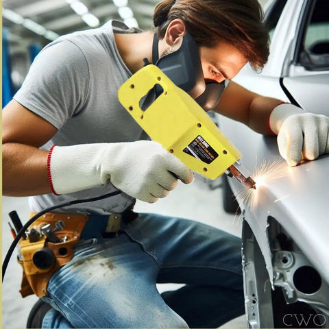 Technician using Pro Auto Body Dent Repair Kit With Stud Welder No Drill Dent Removal Including 200 Studs 2 Welding Tips