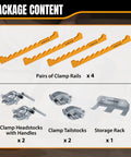Package contents of Heavy Duty Four Way Pressure 16 Inch Panel Clamps Set Of 4 Plus Two Storage Racks shown including rails and headstocks.