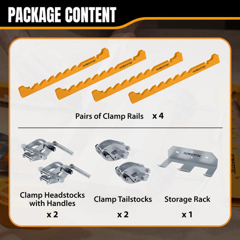 Package contents of Heavy Duty Four Way Pressure 16 Inch Panel Clamps Set Of 4 Plus Two Storage Racks shown including rails and headstocks.
