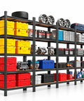 Heavy Duty Five Tier Metal Storage Shelving Unit For Garage Tough As Nails Carbon Steel Rack Holds The Weight Easy Rust Resistant Powder Coated Industrial Shelf with tools and bins organized on shelves.