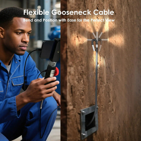 Technician using Two-Way Endoscope With Light And 360 Degree Rotation Workhorse Pro Grade Borescope For iPhone in inspection