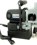 Side view of BLUEROCK TYP-28A mini magnetic drill with annular cutter and power cord.