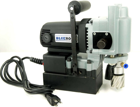 Side view of BLUEROCK TYP-28A mini magnetic drill with annular cutter and power cord.