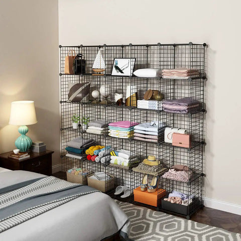 Sturdy 14 By 14 Inch Wire Cube Storage Organizer With 25 Cube Modular Shelving Unit Stackable Bookcase in bedroom