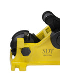 Close-up of Steel Dragon 2-in-1 Portable Manual Rebar Cutter And Bender For 5/8 Inch #5 Rebar yellow handle and shear head.