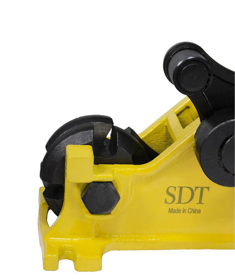 Close-up of Steel Dragon 2-in-1 Portable Manual Rebar Cutter And Bender For 5/8 Inch #5 Rebar yellow handle and shear head.