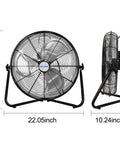 Built Tough 20 Inch Heavy Duty Floor Fan With Three Speed Settings Delivers 3900 To 4650 CFM Of High Velocity Airflow For Garage Shop Greenhouse And More Wall Mountable For Flexible Cooling, showing front and side view with dimensions.