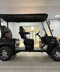 Top Tier Electric Golf Cart 4 Seater Loaded Up With 48V Power Motor Premium Stitched Seats All Terrain Capable Heavy Duty in black side view
