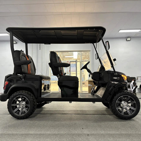 Top Tier Electric Golf Cart 4 Seater Loaded Up With 48V Power Motor Premium Stitched Seats All Terrain Capable Heavy Duty in black side view