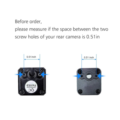 Universal Car Rear View Camera License Plate Bracket Mount With Upgraded Full Stainless Steel Construction detail showing 0.51-inch spacing between screw holes