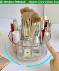 360 Degree Rotating Makeup Organizer With Lazy Susan Turntable, clear acrylic cosmetic tray holding brushes and bottles