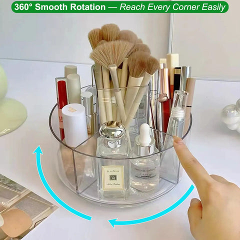 360 Degree Rotating Makeup Organizer With Lazy Susan Turntable, clear acrylic cosmetic tray holding brushes and bottles