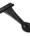 Badass 12 Inch Decorative Iron Spear Strap With A Gritty Olde Style For Sliding Barn Doors Rustic Gates And Kitchen Cabinet Fix Ups Heavy Duty Black Steel Wall Mount Hardware close-up of hinge side.