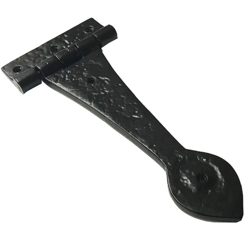 Badass 12 Inch Decorative Iron Spear Strap With A Gritty Olde Style For Sliding Barn Doors Rustic Gates And Kitchen Cabinet Fix Ups Heavy Duty Black Steel Wall Mount Hardware close-up of hinge side.