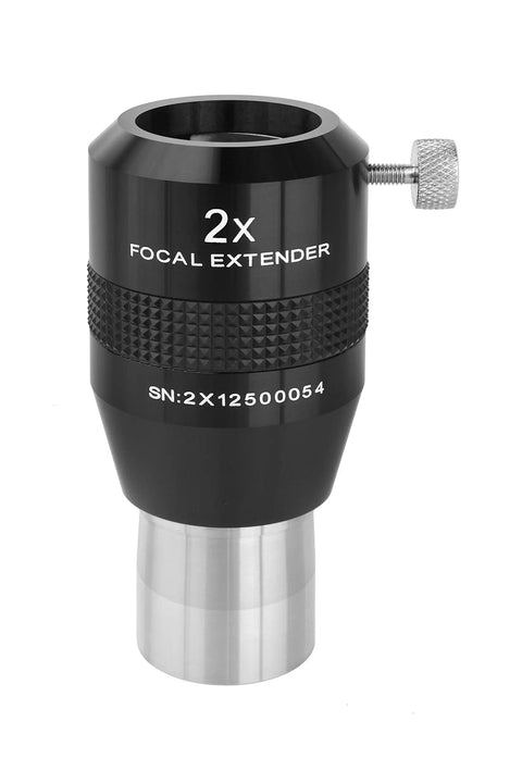 Focal Extender Barlow Lens 2x Telecentric with multicoated four-lens design, shown in black metal casing with a silver base.