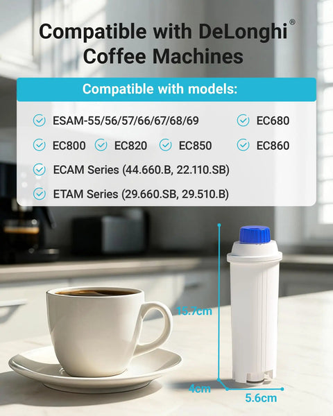 Barista-Grade Replacement Water Filter For DeLonghi Coffee Machines next to cup, compatible with various ECAM EPAM models