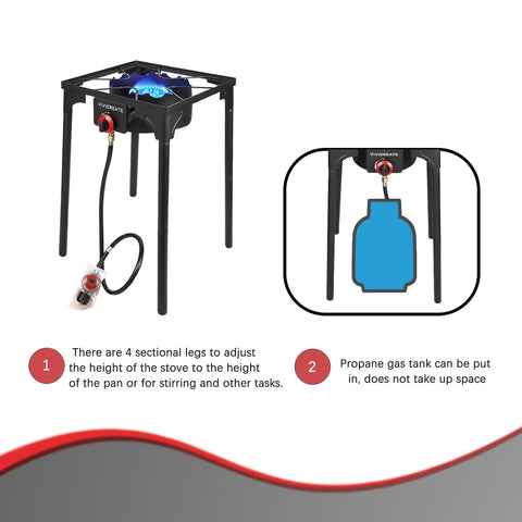 30000 BTU Propane Outdoor Stove with adjustable height and single burner, showing propane connection and leg design.